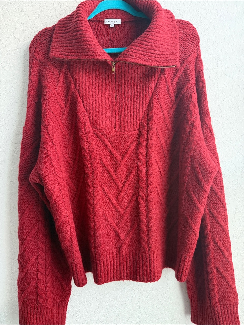 Crescent Deep Red Cable-Knit Half-Zip Turtleneck Sweater